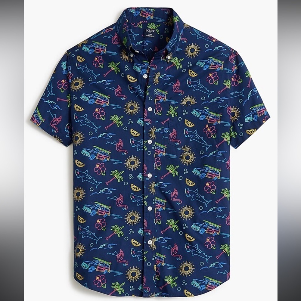 J.Crew Men’s Summer Print Navy Button Down Short Sleeve Xl